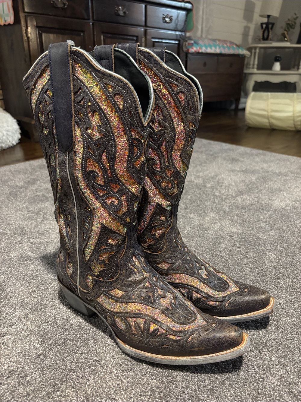 JB Dillon Sparkle Embroidered Western Cowboy Boots - Multicolor Glitter
